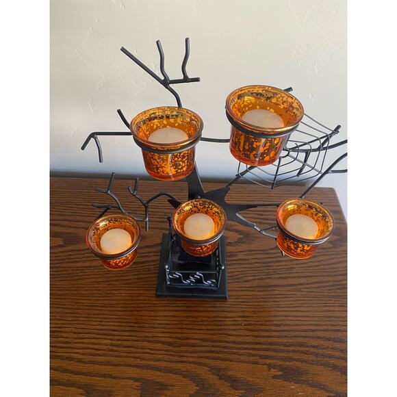 Black Metal Tea Light Halloween Tree with Glass Votives Decoration - Picture 3 of 5